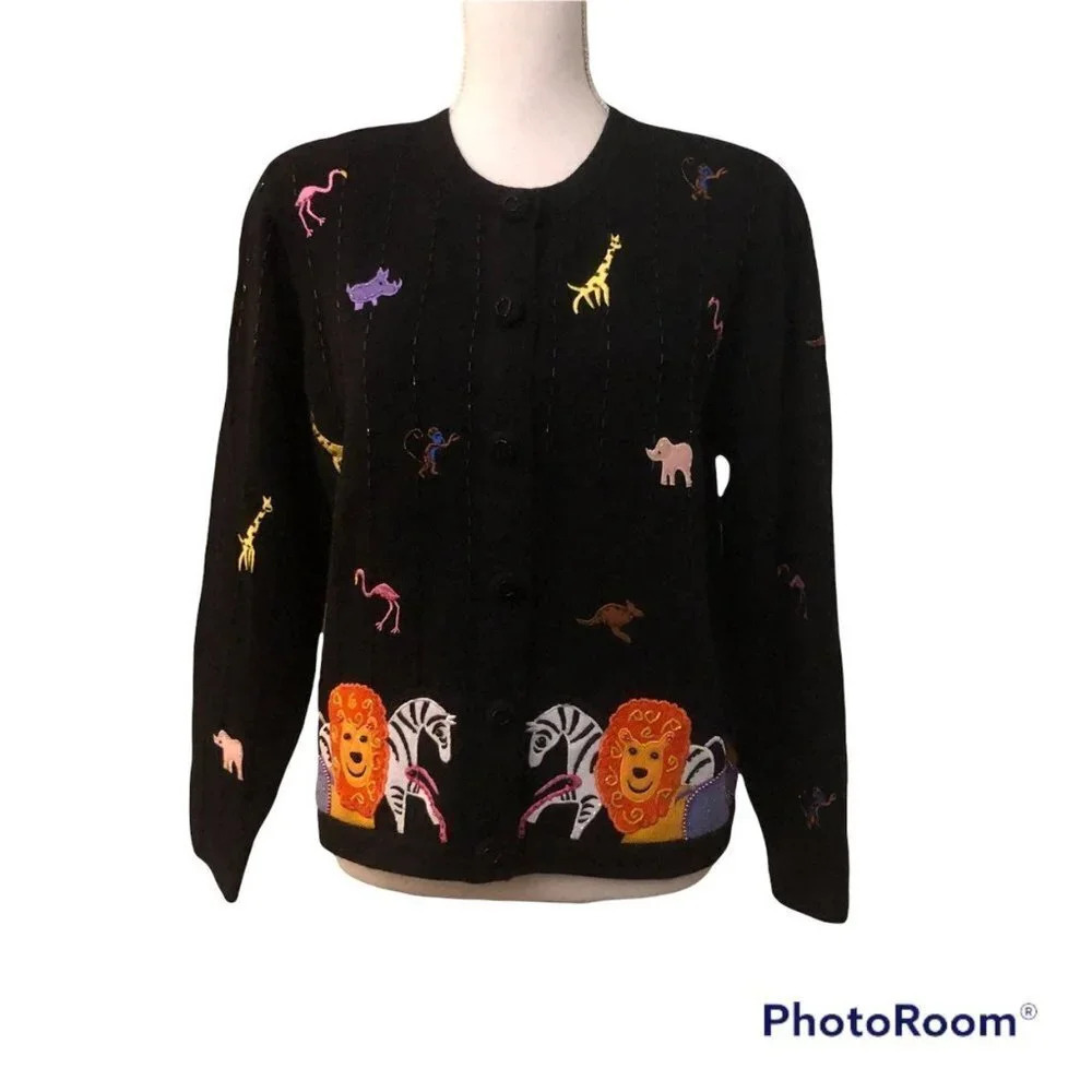 Vintage BEREK Sz L Black Beads Embroidered Animals Women's Cardigan Sweater